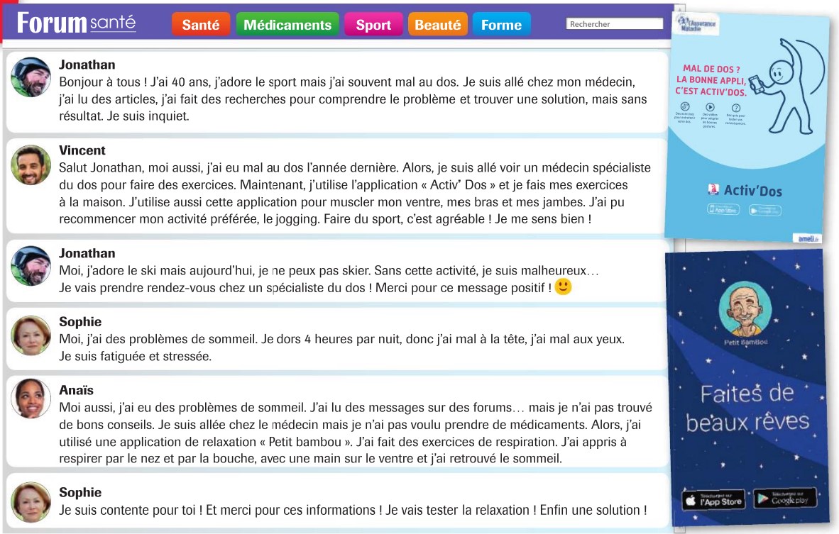 Forum santé avec des messages de Jonathan, Sophie et Anaïs